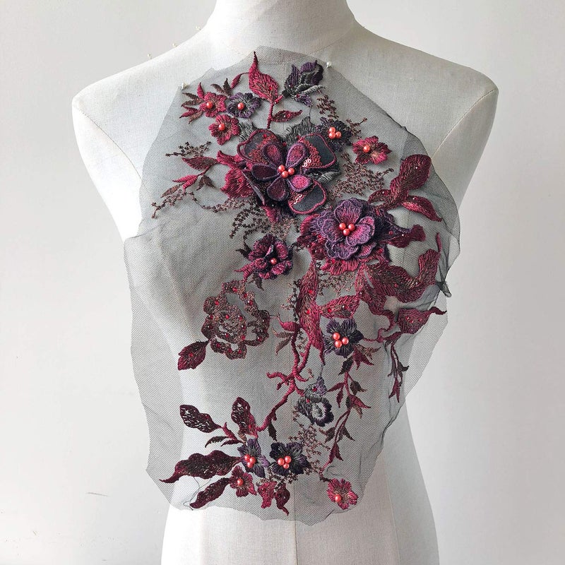 gelvs Blossom 3D Flower Applique, Beaded Sequins Flower LACE Patch Bridal Wedding Dress Embossed Beading Embroidery lace Appliques Motif Sewing Craft (Burgundy) - Image 2
